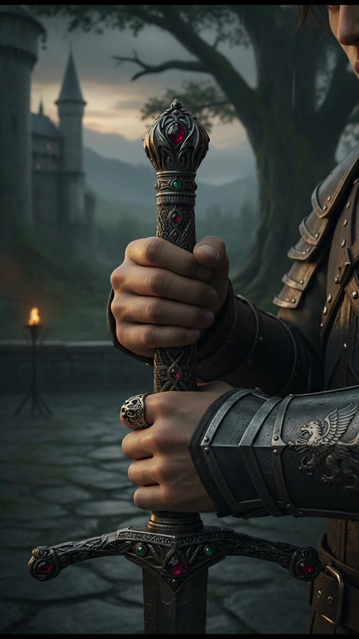 A close-up of Ken's hand resting on his sword hilt, with a blurred background.