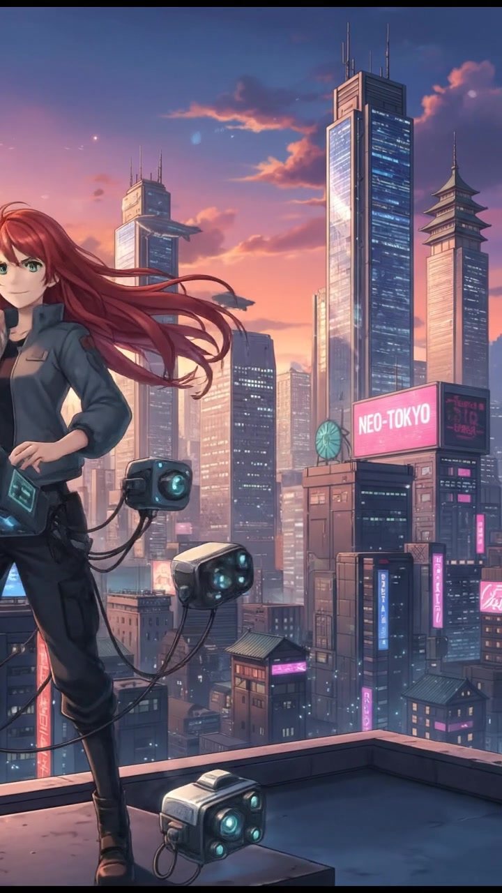 Emma standing on a building rooftop, controlling a set of cameras with a distant city skyline behind her.