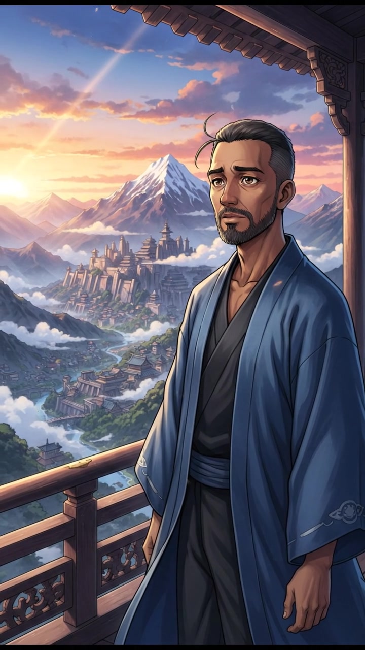 The Kwame, standing alone on a balcony, looking out towards the distant mountains with a solemn gaze.