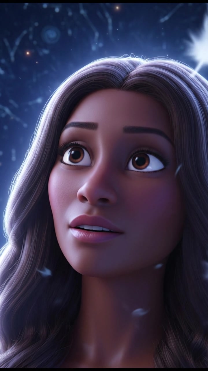 A close-up of Monique's face, illuminated by moonlight, as she wonders about the hidden stars.