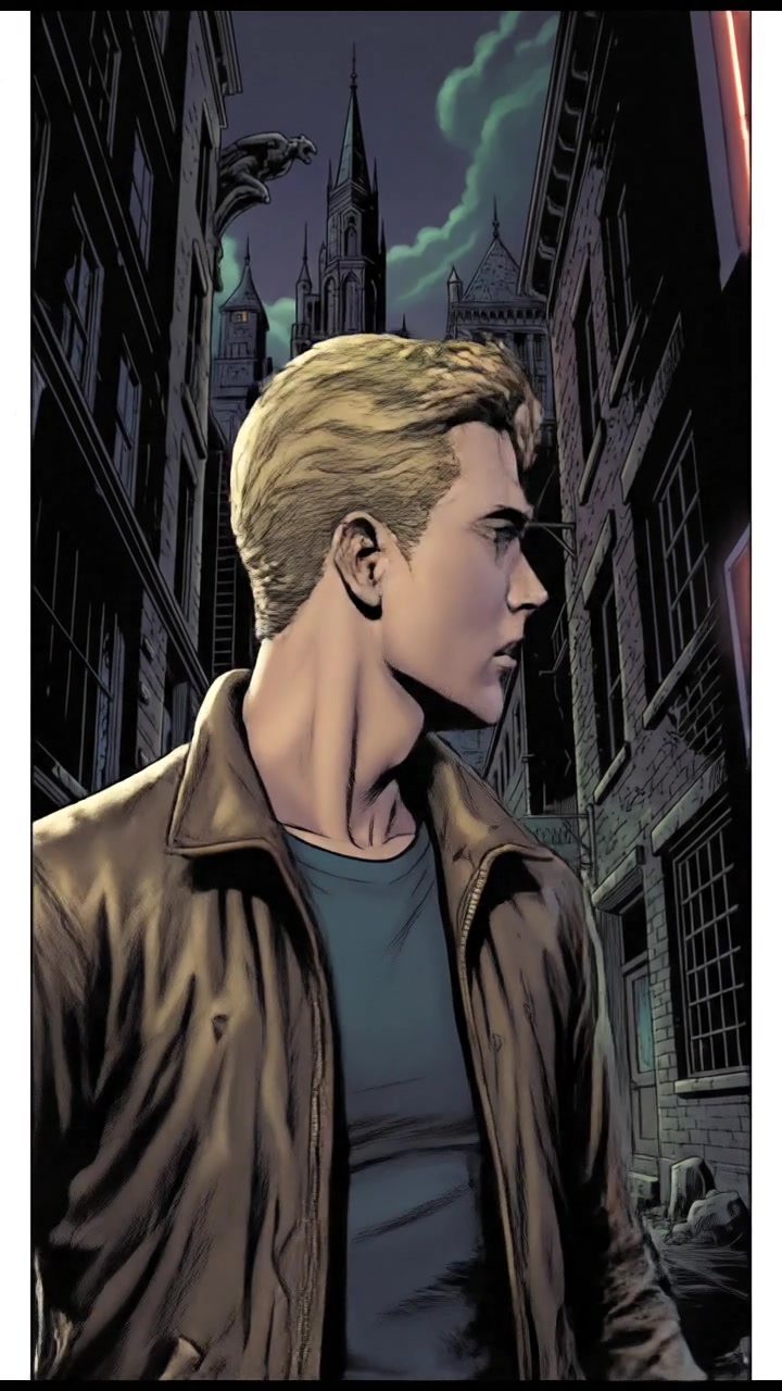 Ryan standing in a dark alley, looking puzzled at the towering buildings of Gotham City.