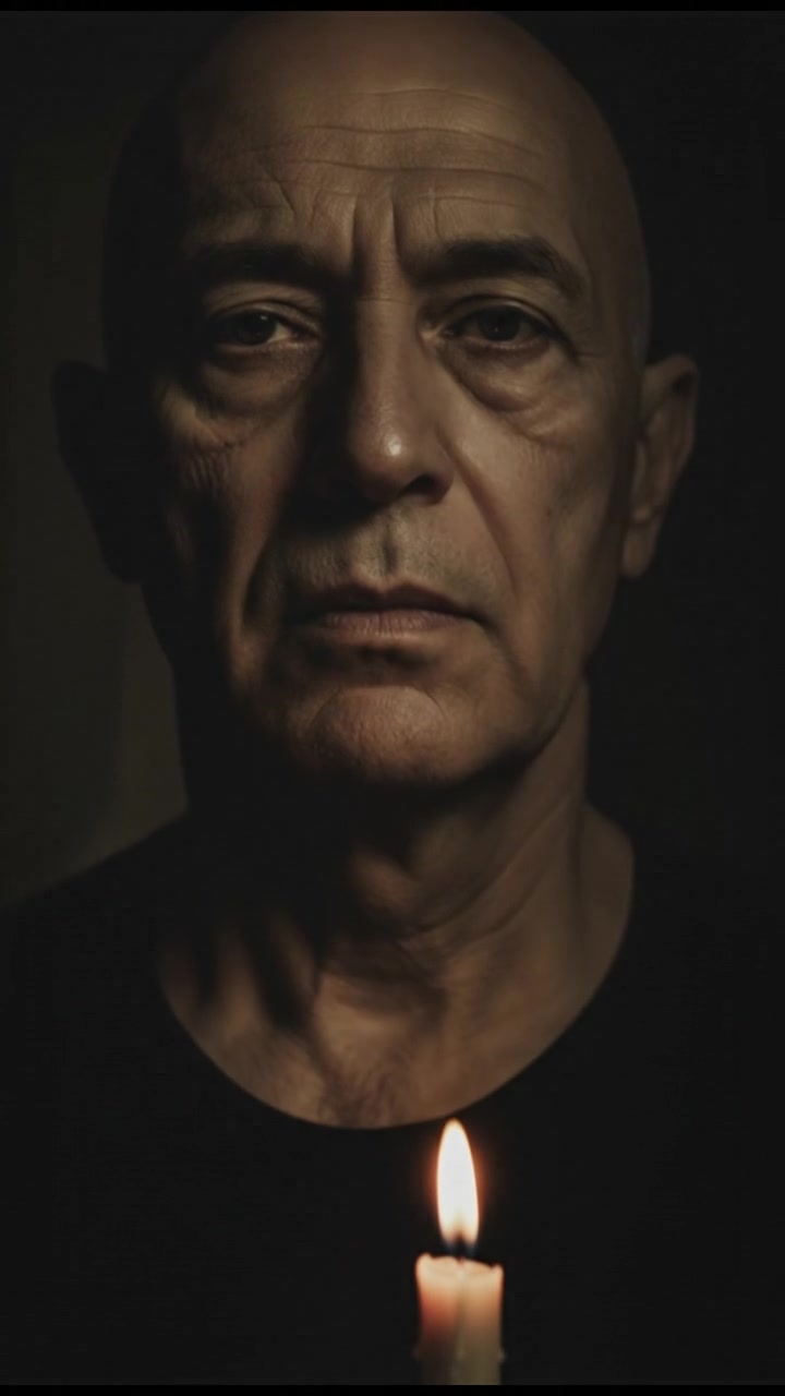 A close-up of Carlos's pale and sagging face in the shadows.