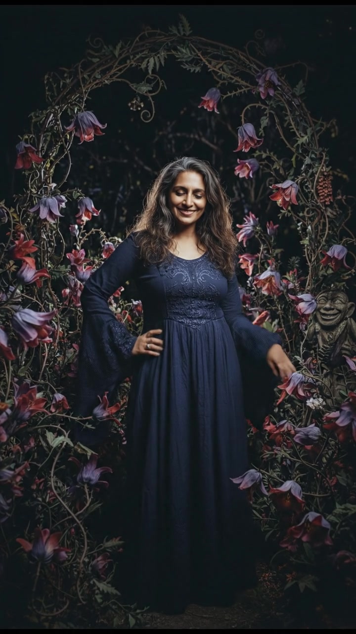 Asha standing proudly in a garden filled with blooming flowers, hands on her hips, smiling gently.