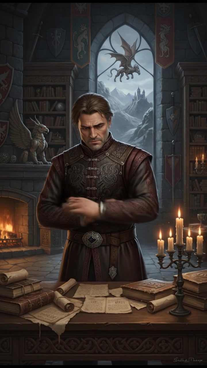 Omar, arms crossed, looking serious while reviewing documents at his desk.