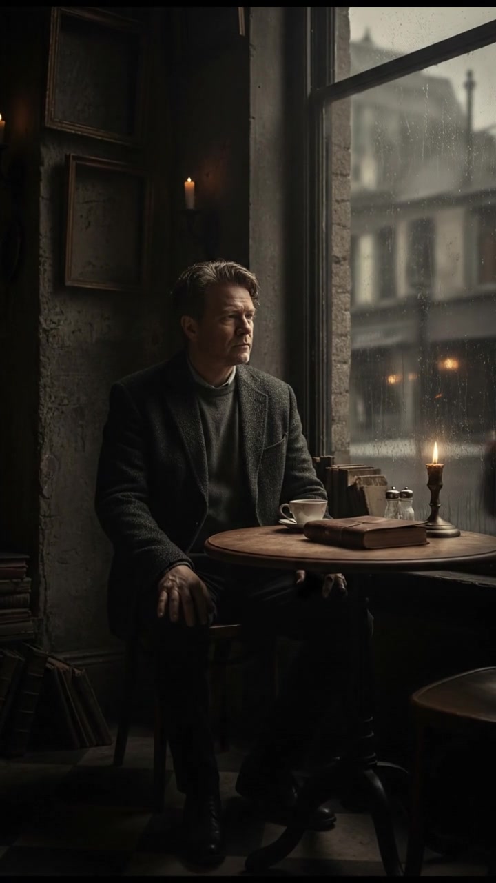 Mark sitting alone at a small table in a dimly lit café, looking pensively out the window.
