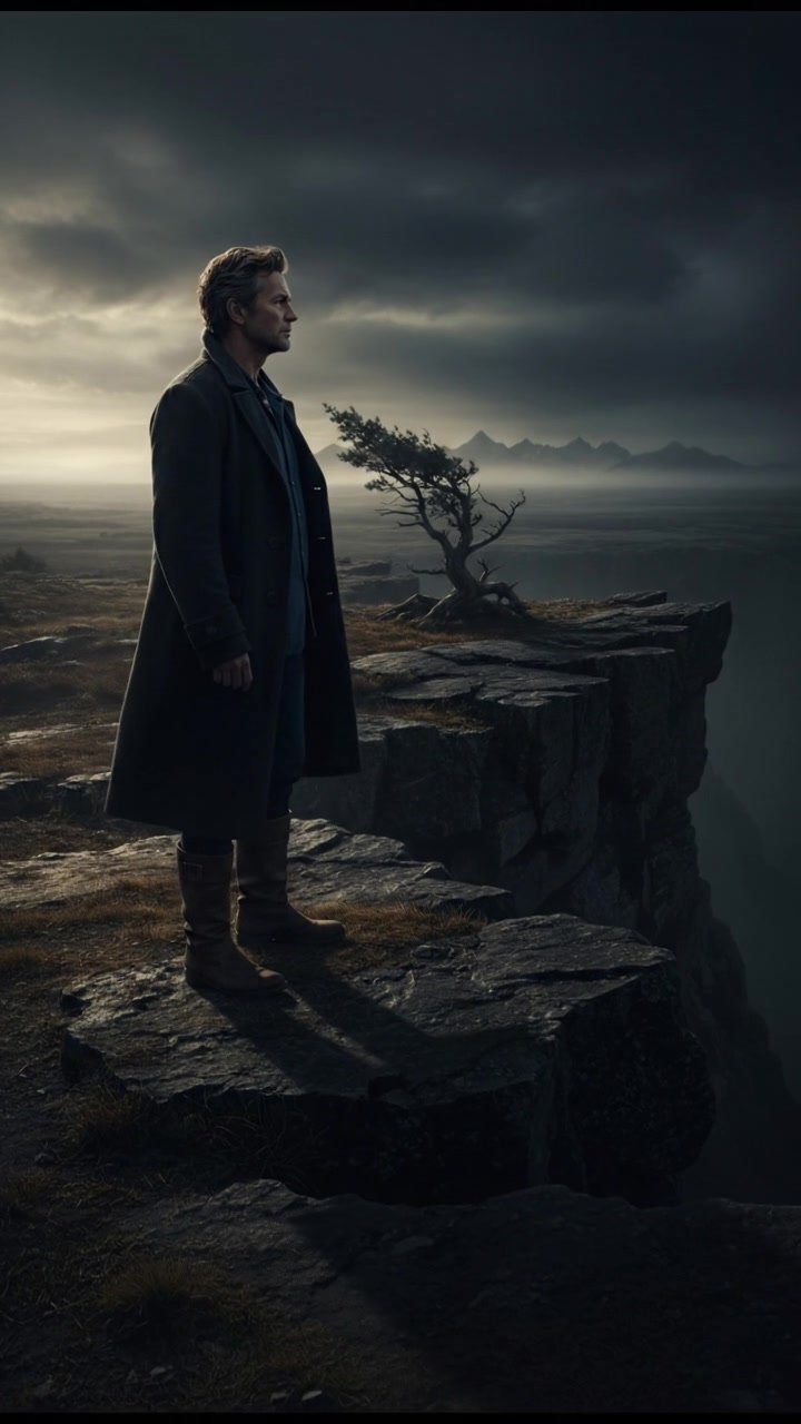 Mark standing at the edge of a cliff, gazing at a distant horizon.