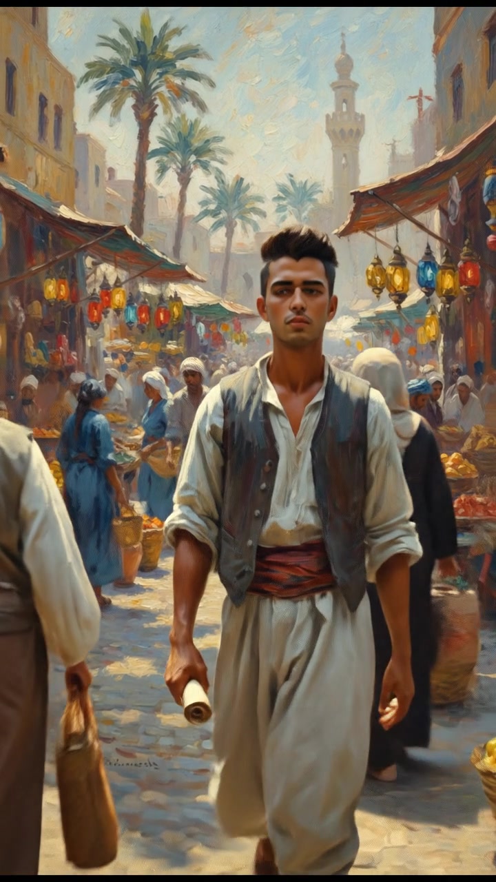 A grand market scene bustling with people, with Amir looking aloof amidst the crowd.