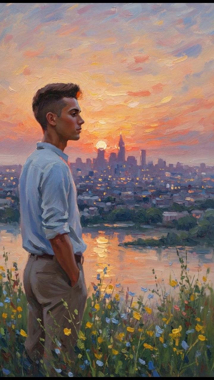 A scenic view of a distant city skyline at sunset, representing Amir's dreams.