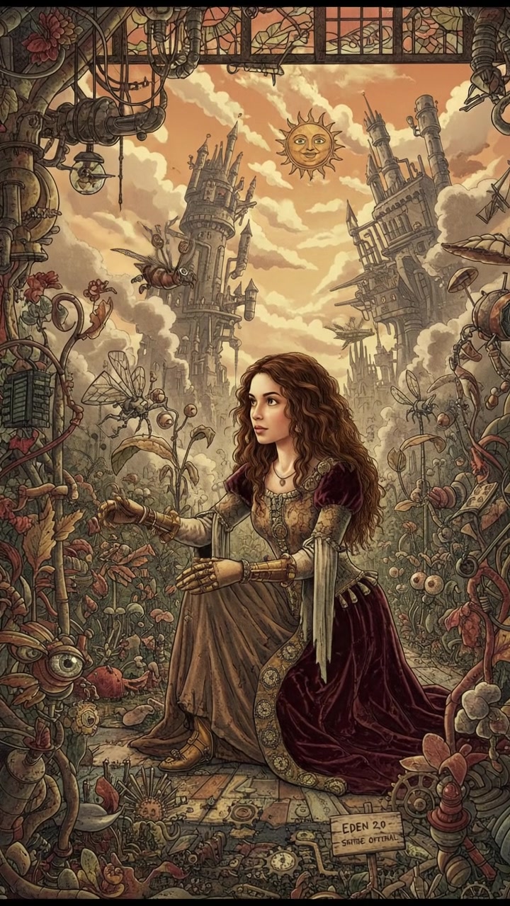 The Maya kneels by a garden, surrounded by diverse plants, with sunlight filtering through the leaves.