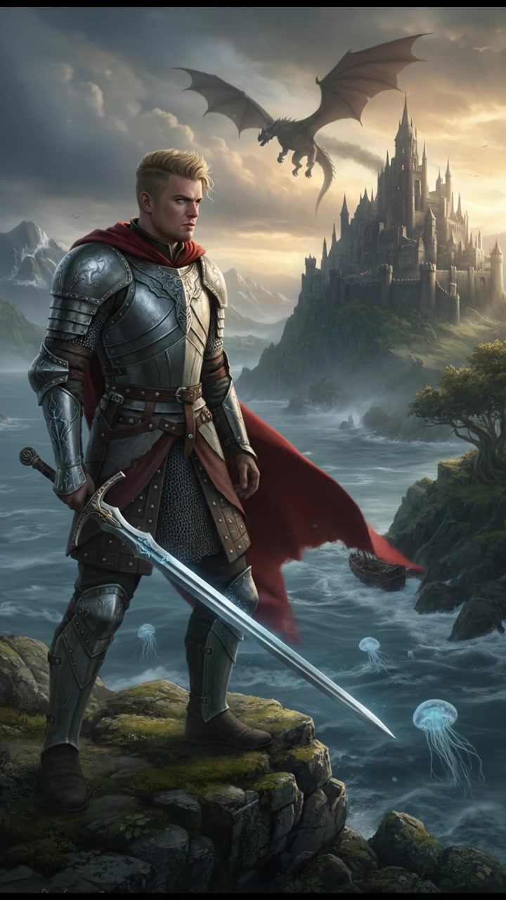 Ryan standing on a rocky cliff overlooking the sea, holding a sword, with a determined expression.