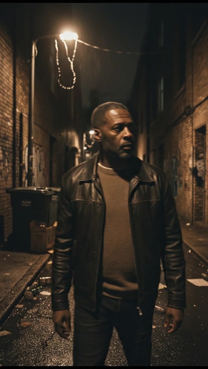 A darkened alley at night with the Kwame standing under a flickering streetlight, looking contemplative.