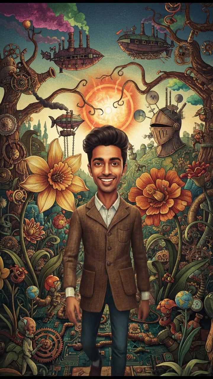 Arjun, smiling and healthy, stands in a sunny park surrounded by blooming flowers, with trees in the background.