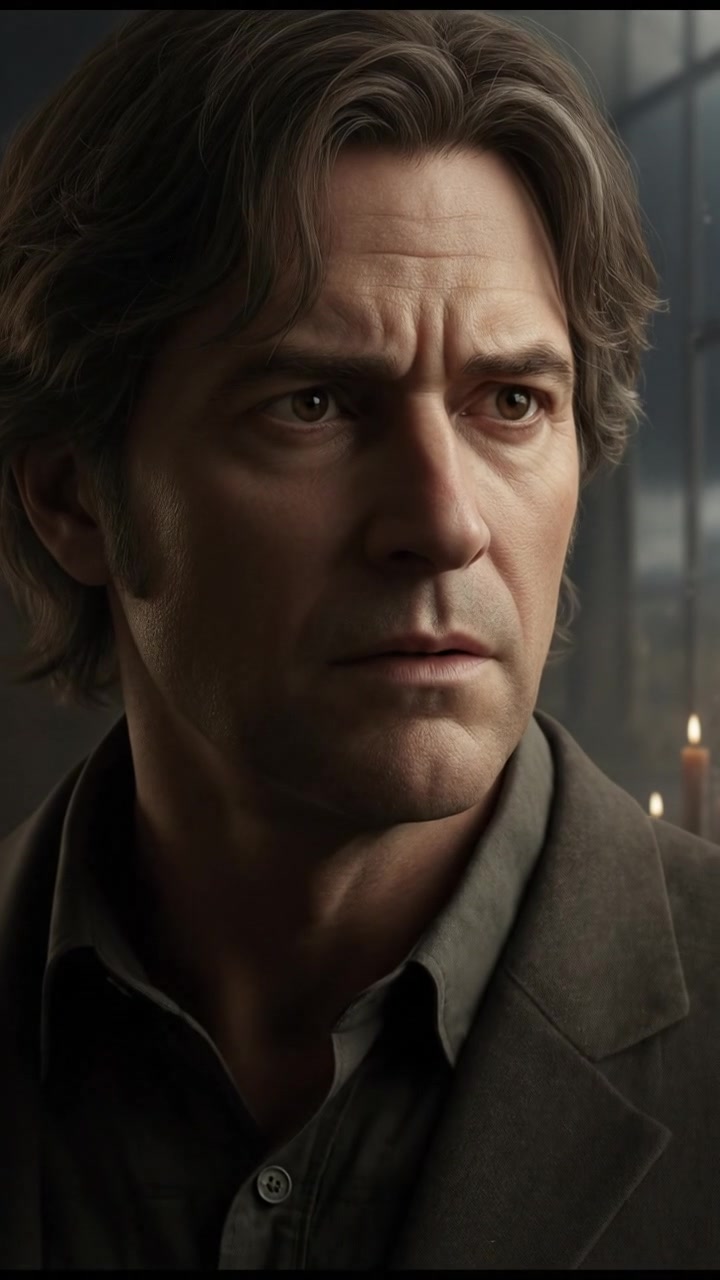 A close-up of Mark looking out a window, his face reflecting concern as he realizes something.