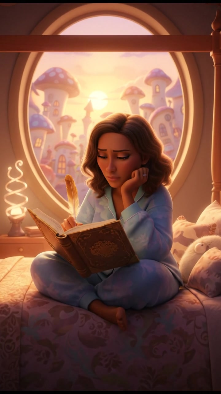 Monique sitting on her bed, writing in a diary with a thoughtful expression.