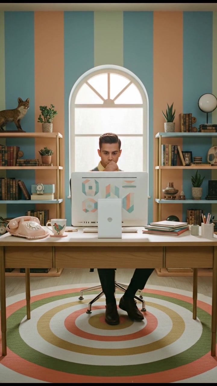 Amir sitting at a modern desk, looking thoughtfully at a computer screen with vibrant office decor around.