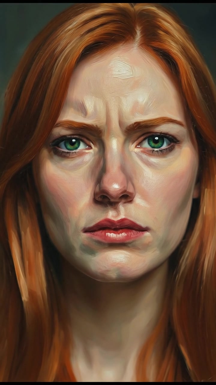 A close-up of Emma's face, showing her intense expression of resentment in a dimly lit room.