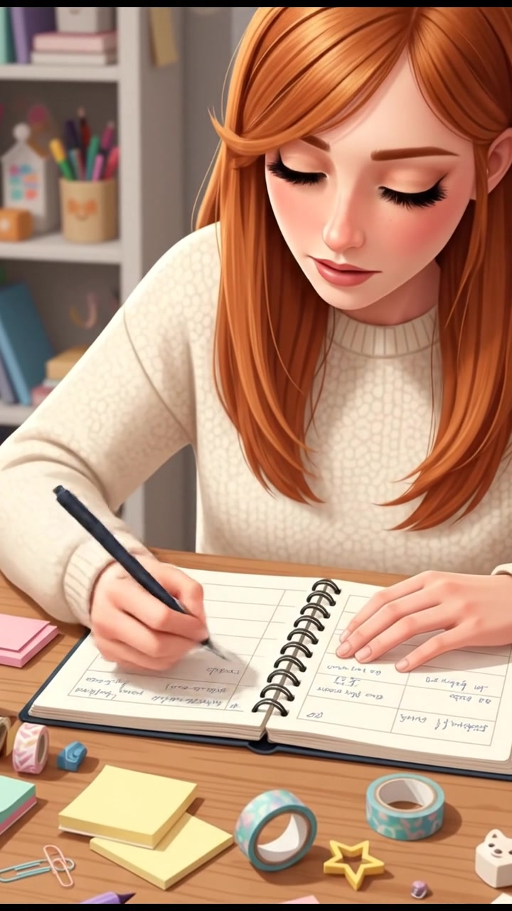 A close-up of Emma at a desk, writing notes in a notebook, surrounded by colorful stationery.