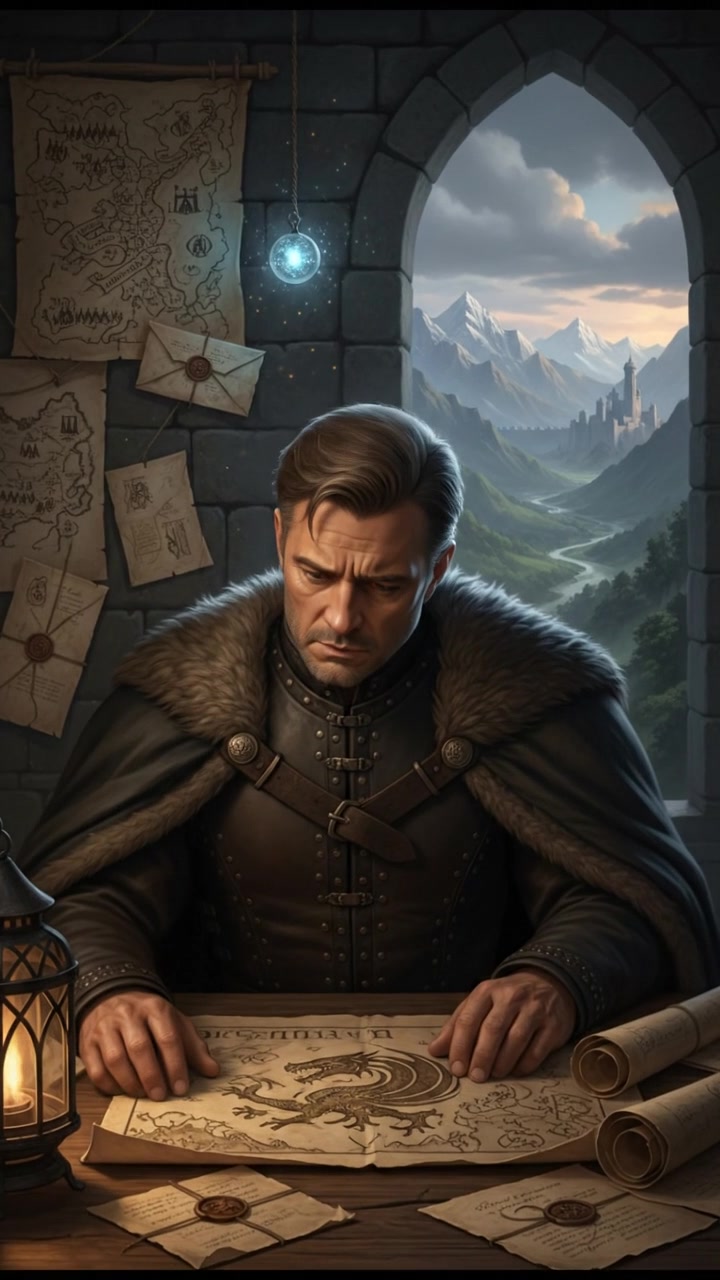 A close-up of Omar looking concerned, sitting at a desk with maps and letters from past wars around him.