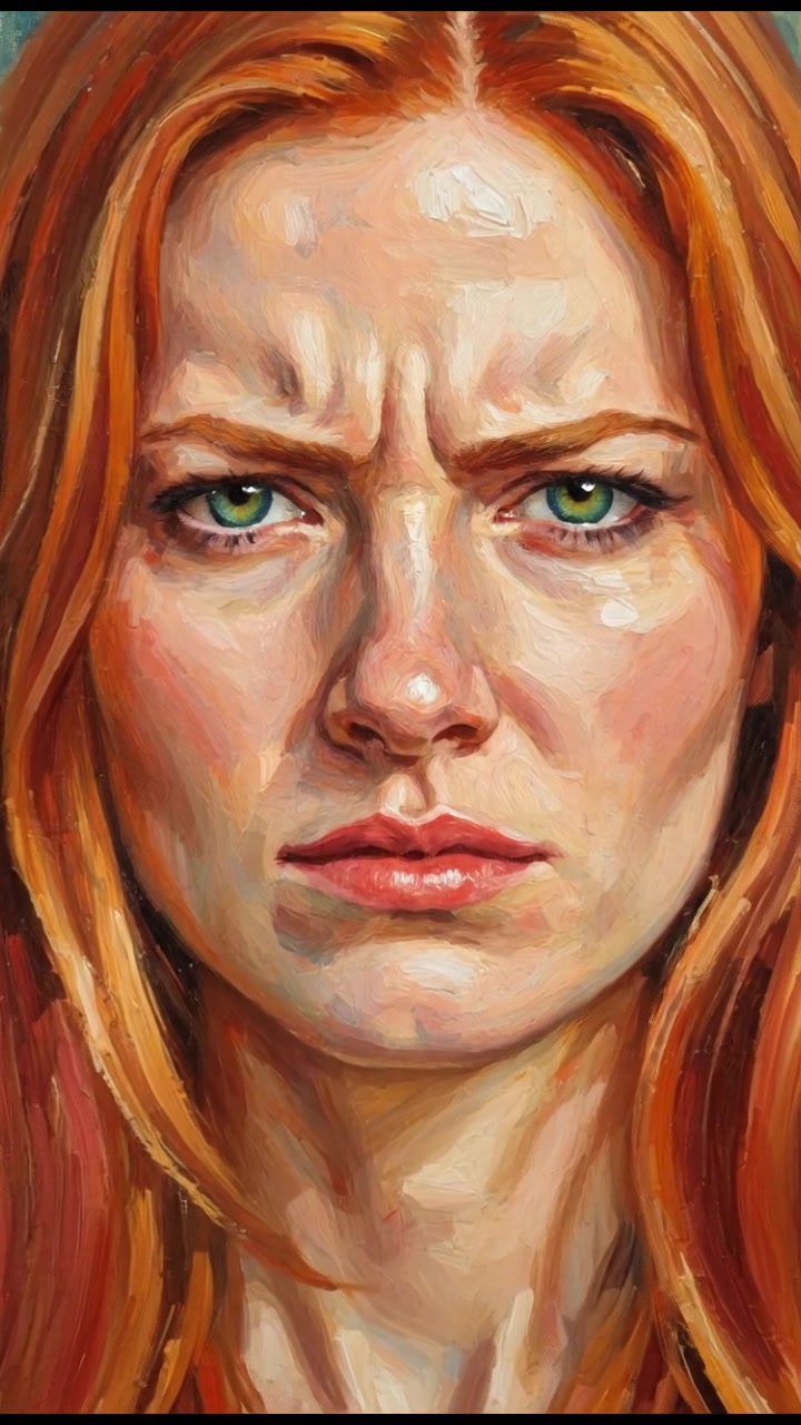 A close-up of Emma's face, showing frustration and intensity in his green eyes.