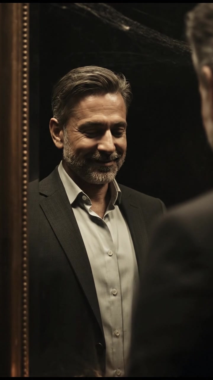 Ravi smiling gently as he looks into the mirror.