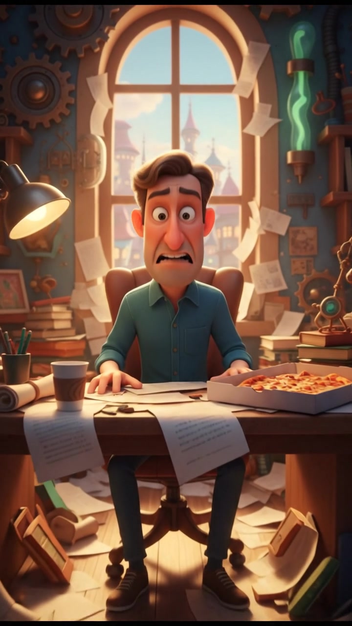 Mark sitting at a cluttered desk in an office, looking frustrated with papers scattered around.