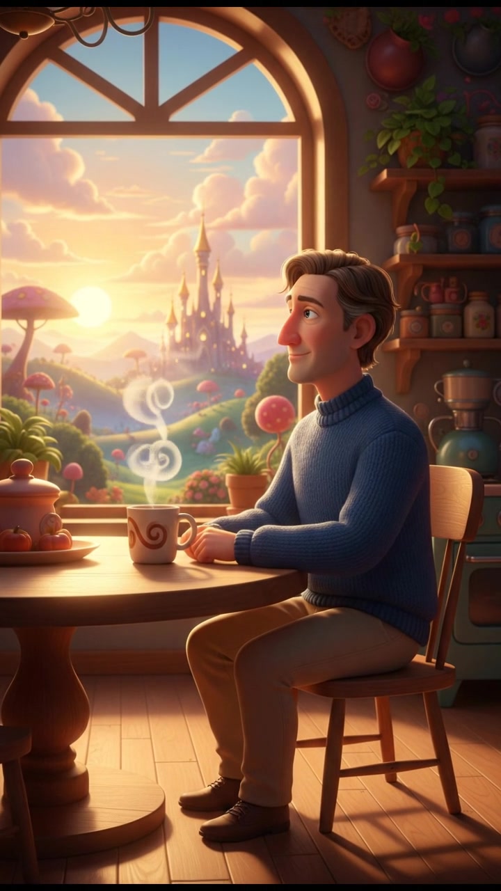 Mark sitting at a kitchen table, a coffee mug in front of him, looking out of a window.