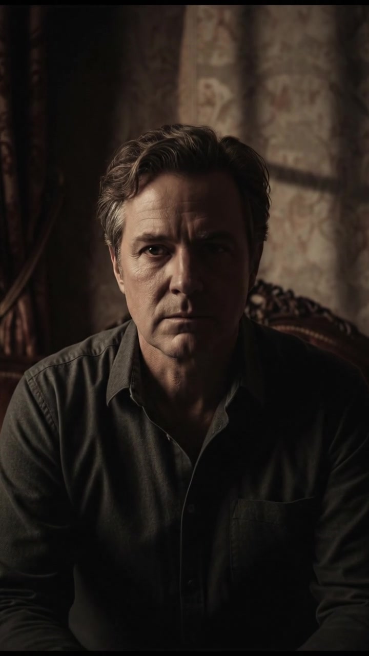 A close-up of Mark sitting silently on a sofa, framed by shadows.