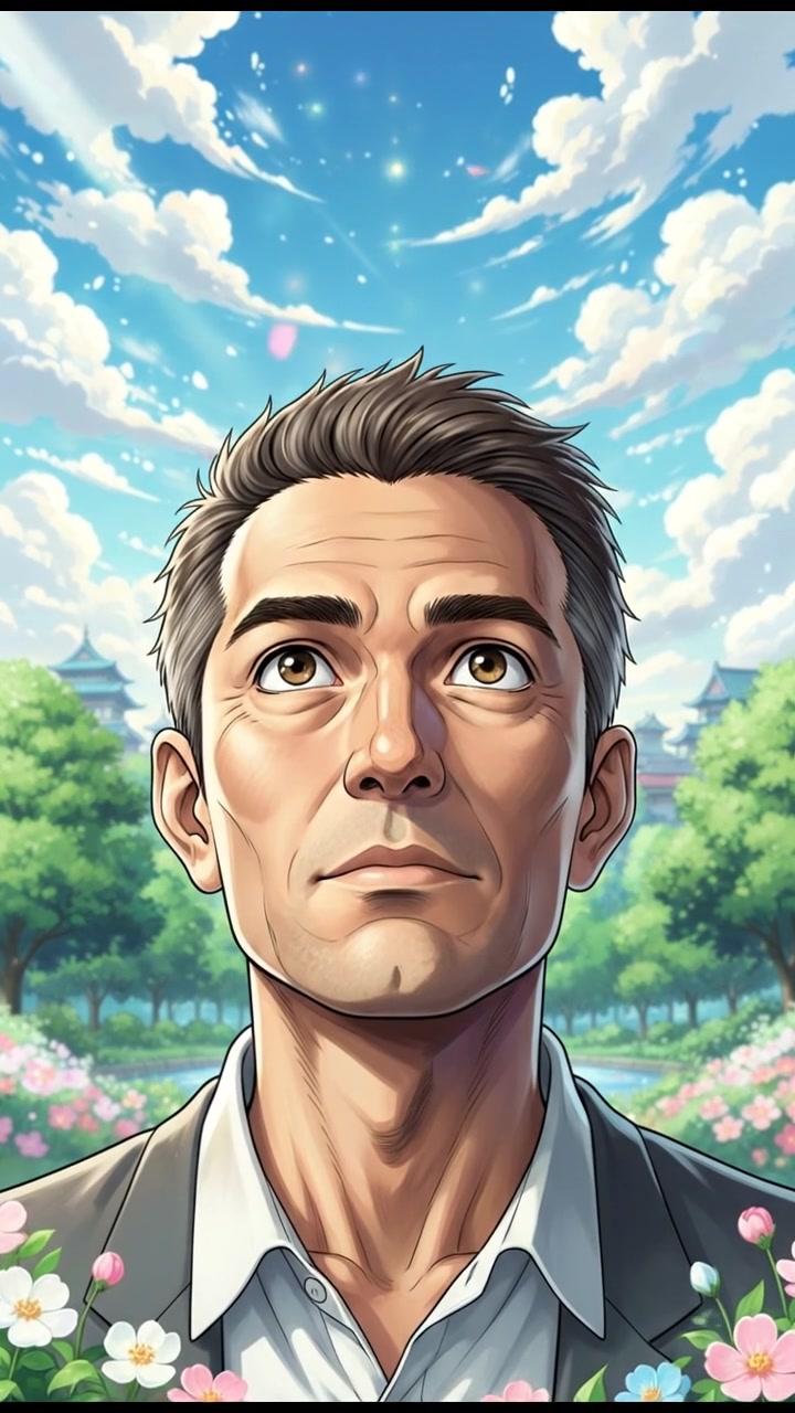 A close-up of Omar, with a thoughtful expression, looking up at the sky in a quiet park.