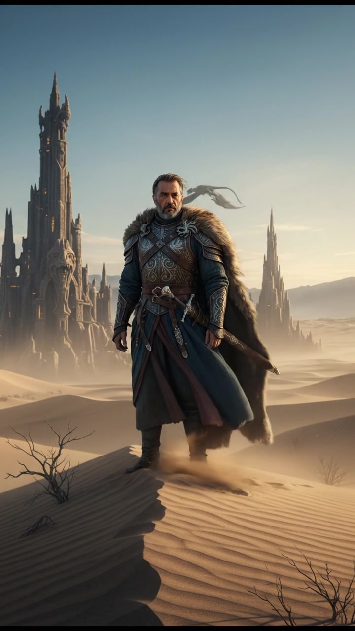 A vast desert landscape under a clear blue sky, with a lone figure, Omar, standing on a sand dune.