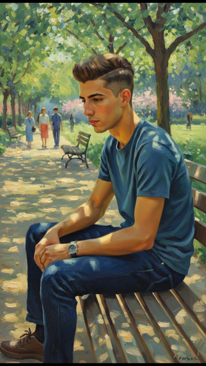 The Amir sitting on a park bench, looking thoughtfully at the ground with sunlight filtering through the trees overhead.