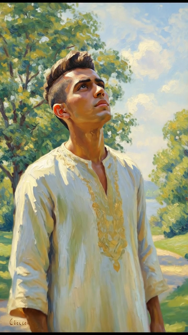 The Amir standing in a sunny park, gazing thoughtfully at the sky, with trees in the background.
