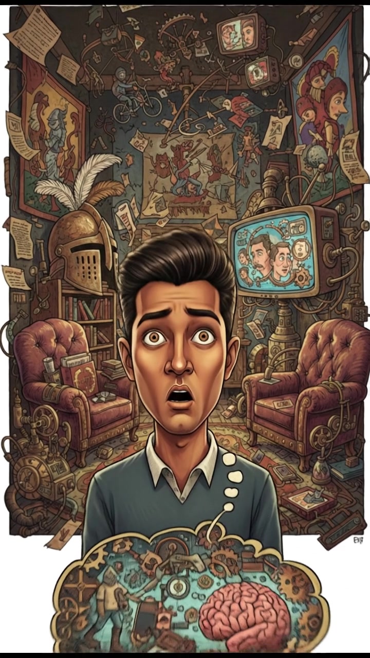 The Arjun looking surprised, standing in a cozy living room, recalling a memory with a puzzled expression.