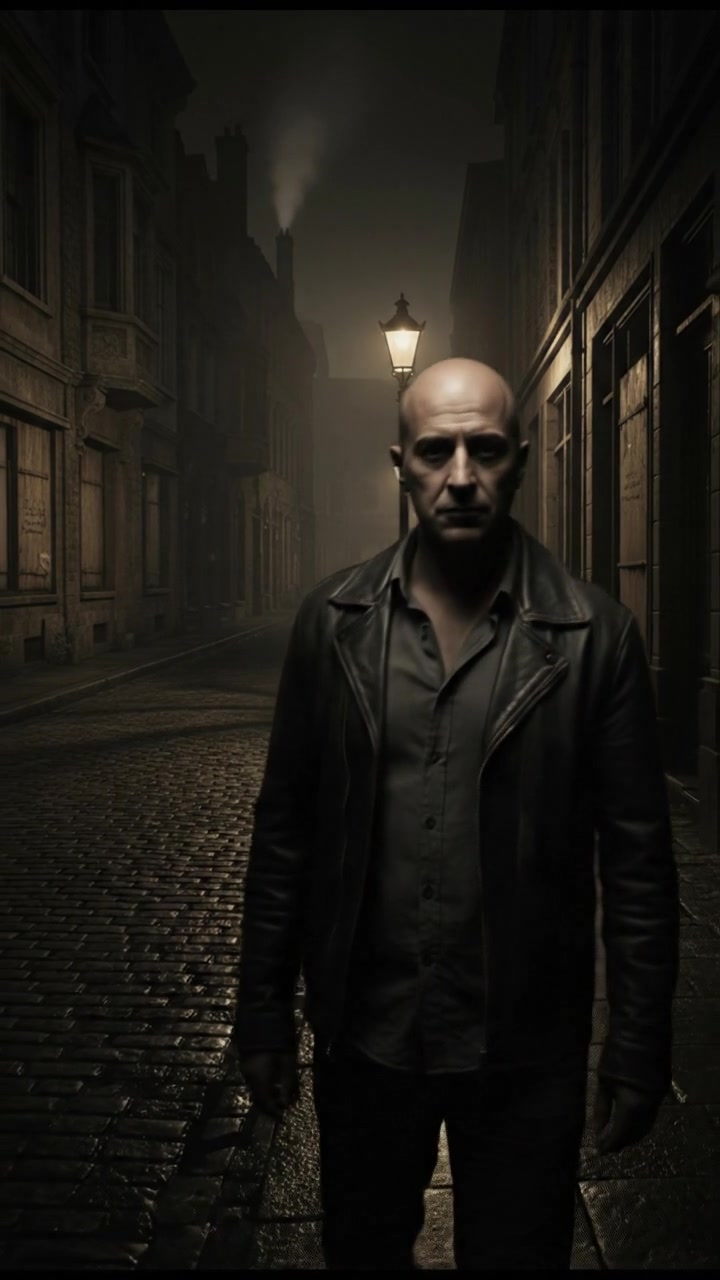 A dark street illuminated by a streetlamp, with the Carlos standing in shadows on the sidewalk.