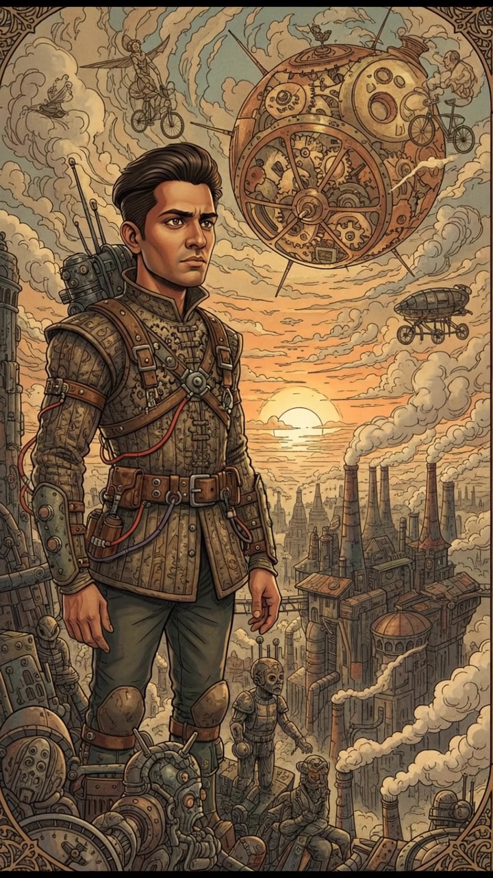 A close-up of Arjun looking thoughtful while standing on a rocky cliff, gazing at a sunrise.