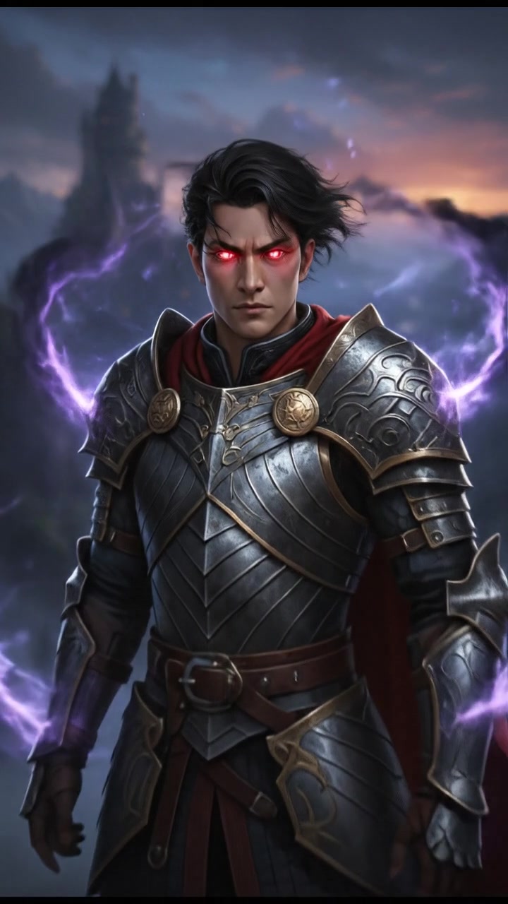 Ken standing on a rocky cliff at dusk, his eyes glowing with intensity as dark energy swirls around him.