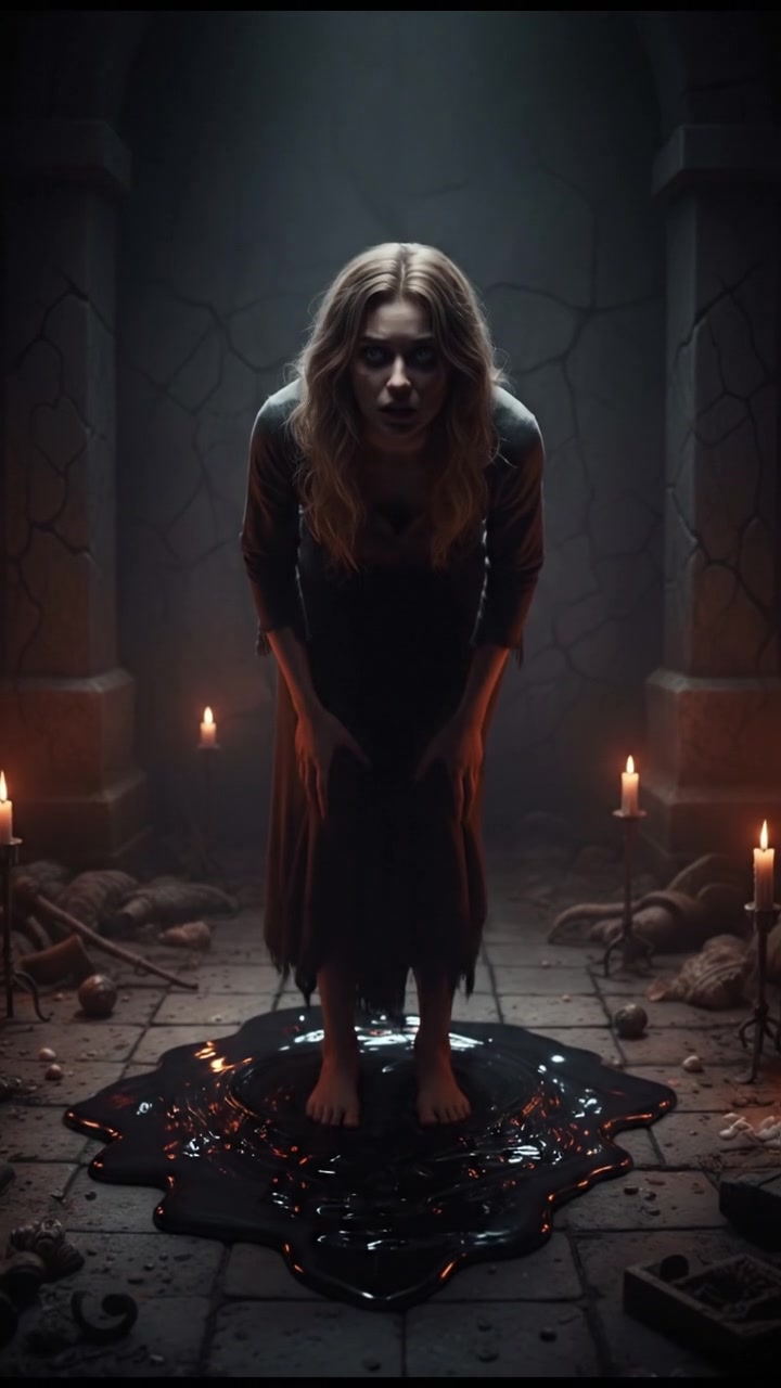 Ashley standing in a dark room with wide eyes, looking down in shock at a mysterious substance.