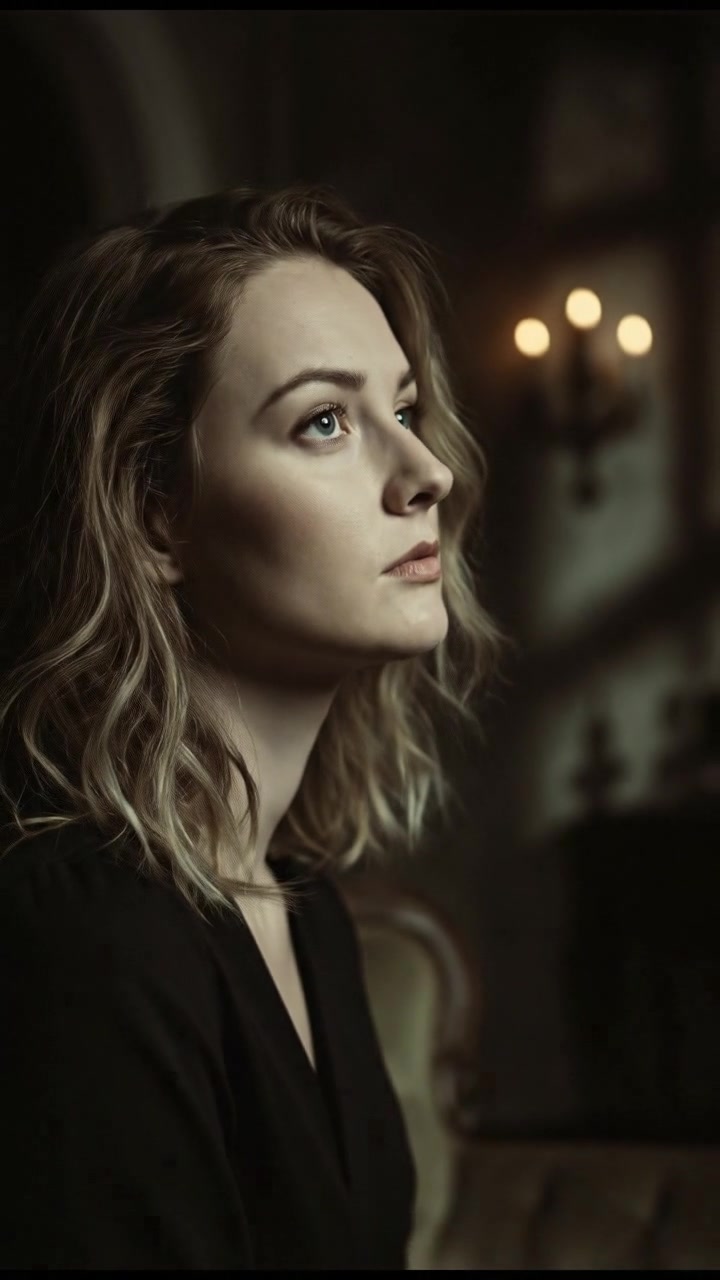 Ashley sits on a sofa, looking away dismissively, with a thoughtful expression on her face.