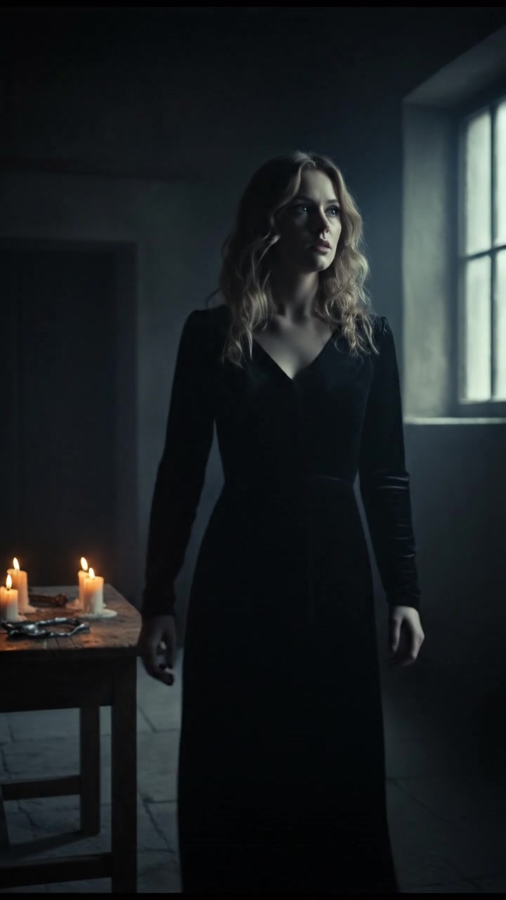 Ashley standing alone in a dark room, looking towards a shadowy corner.