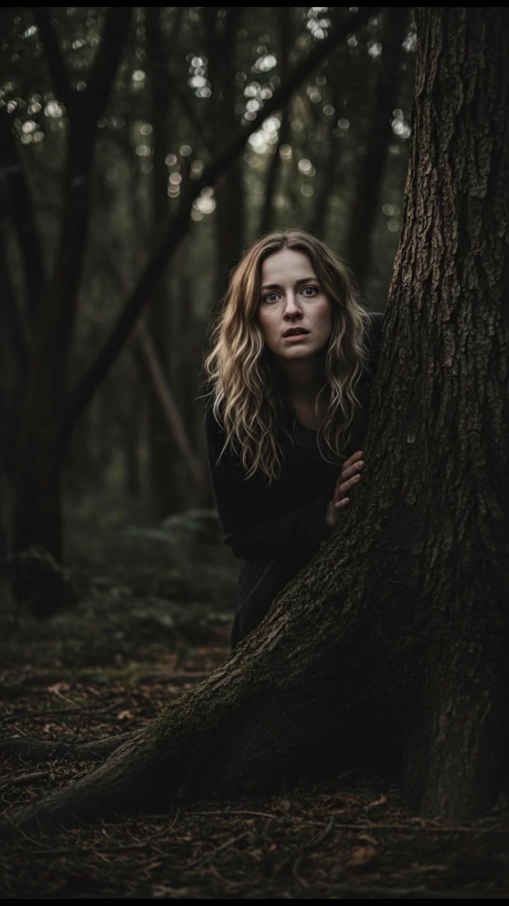 A dense forest with shadows creeping through the trees, highlighting Ashley's anxious face as she hides behind a large trunk.