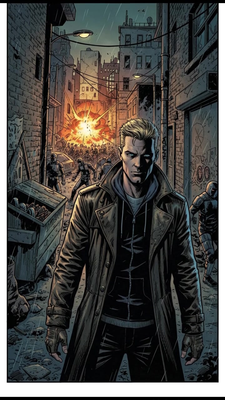 A shadowy figure of the Ryan, watching from a dark alley, observing the turmoil in the street.