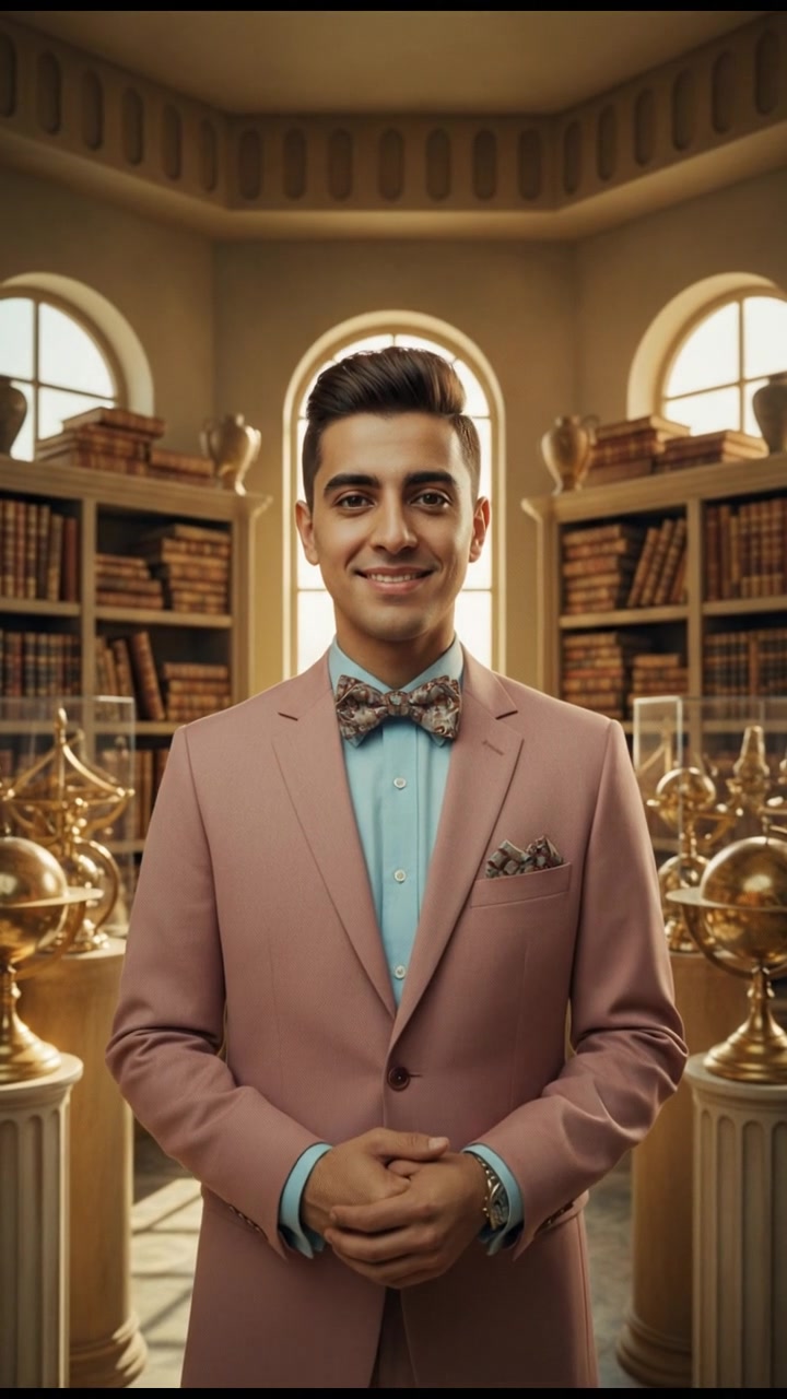 A portrait of Amir standing proudly in a historic setting, with ancient manuscripts and artifacts around him.