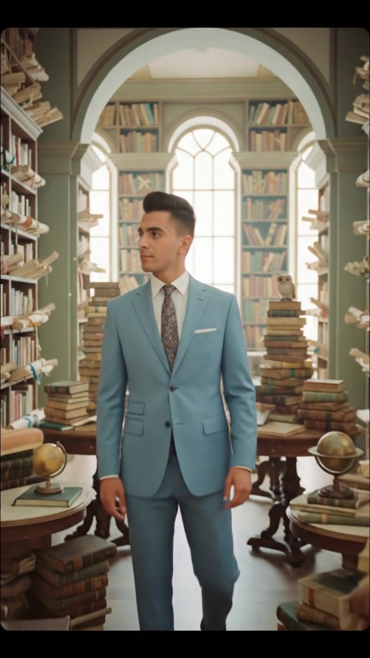 Amir is standing in a library surrounded by ancient scrolls and books.