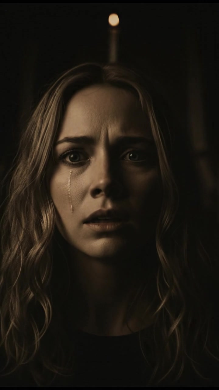 A close-up of Ashley's face, illuminated by a small beam of light, showing her fearful expression.