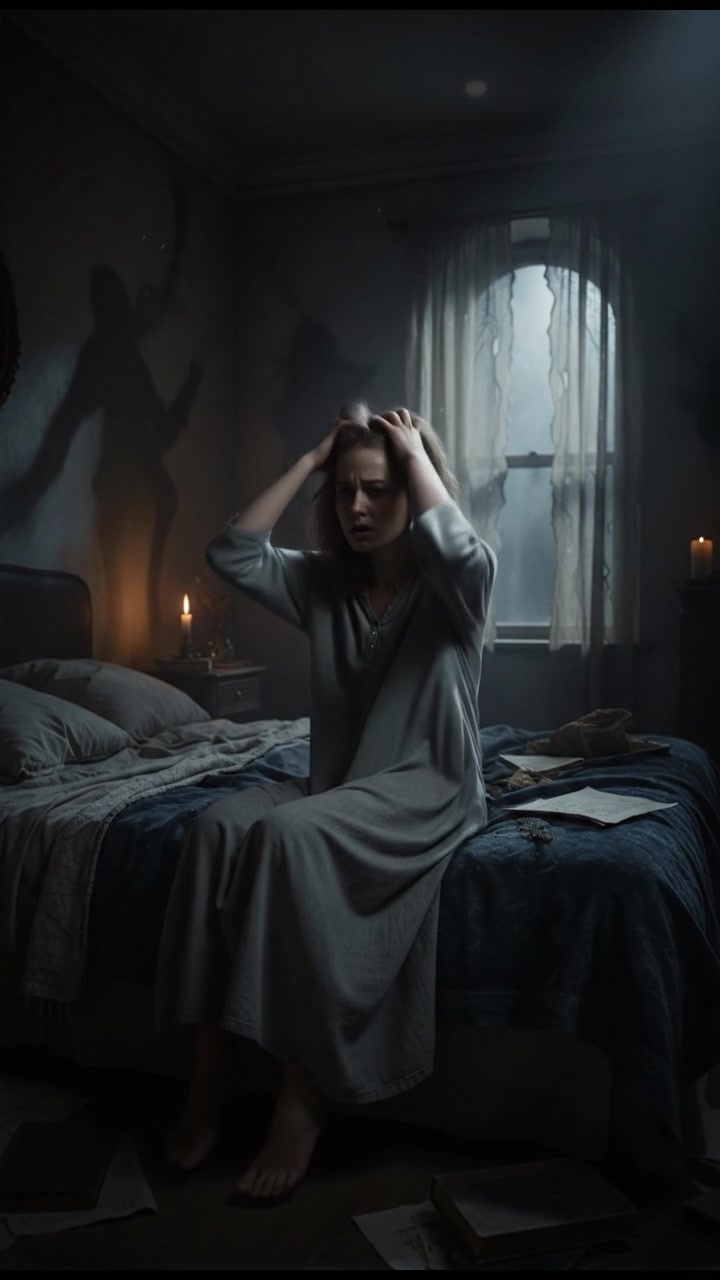 A dimly lit bedroom with Ashley sitting on a bed, looking distressed and wide awake.
