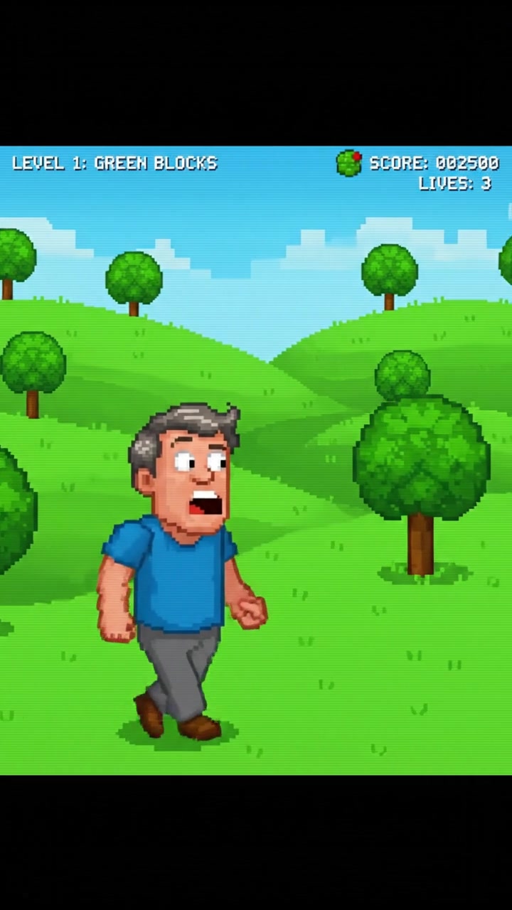 Mark looking surprised, standing in a bright green pixelated landscape with blocky trees and grass.