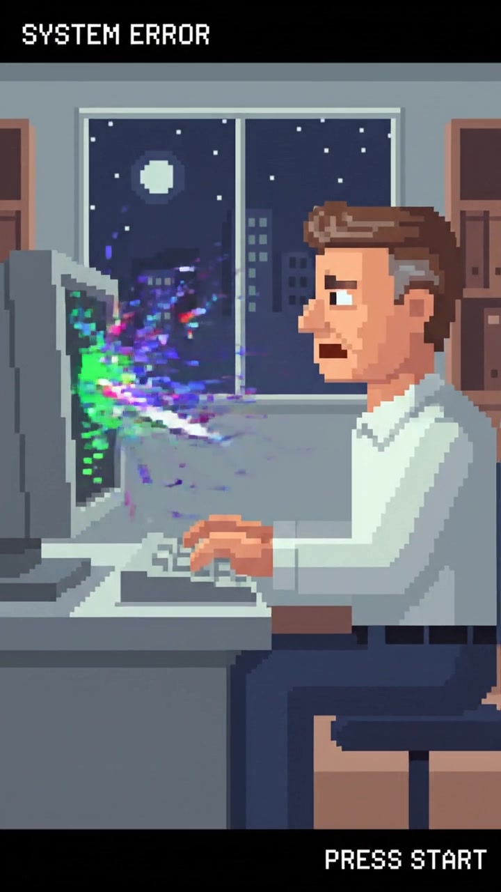 Mark, with a worried look, types on the computer as the screen glitches around him.