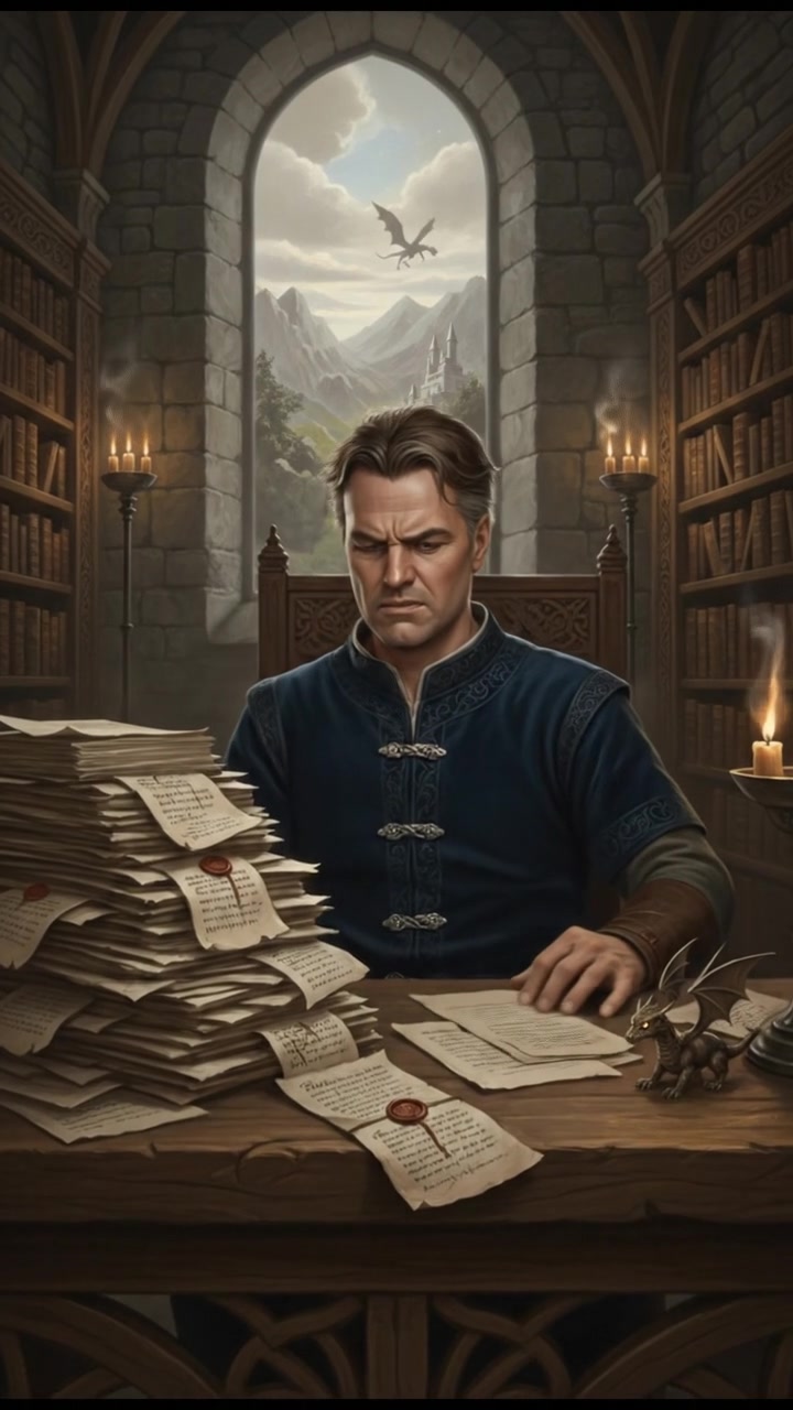 Close-up of Mark sitting at a desk, looking frustrated, with a pile of exam papers in front of him.