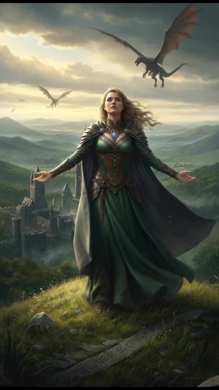 Ashley stands on a grassy hilltop, looking up at the expansive sky with her arms outstretched, a light breeze blowing her hair.