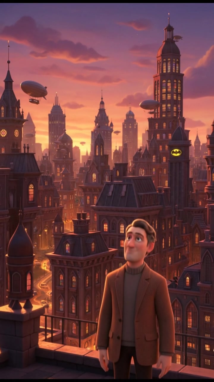 Mark standing on a rooftop, looking over the skyline of Gotham City at dusk.