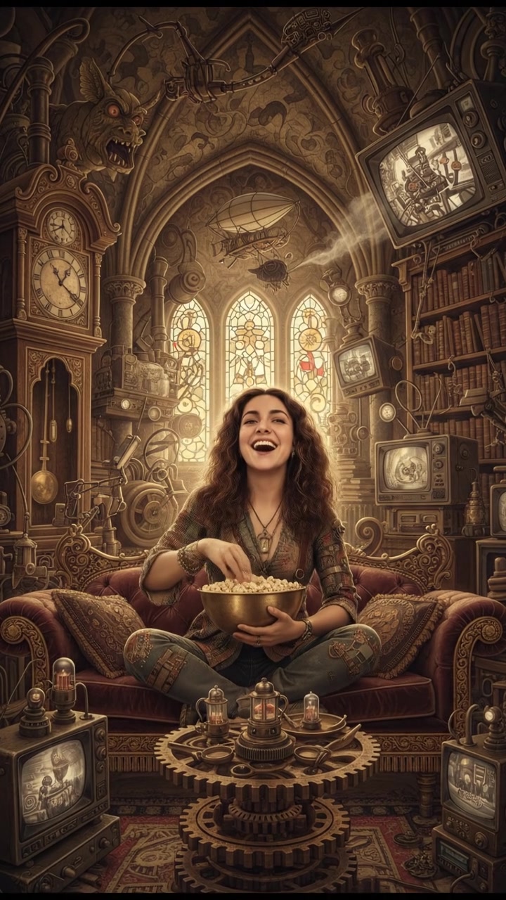 The Maya sits on a couch in a cozy living room, holding a popcorn bowl and smiling.